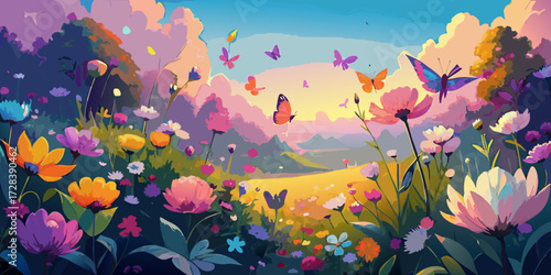 A vibrant watercolor illustration of nature's beauty with flowers and a cartoon fish swimming underwater among coral reef in the blue sea