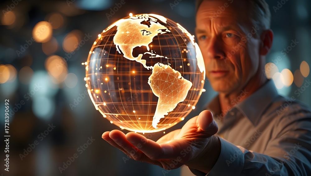 Fototapeta premium Man holding futuristic globe representing global technology and connectivity concept