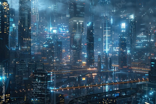 Futuristic digital city skyline with virtual payment system technology