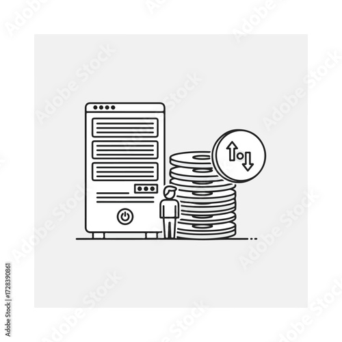 Minimalist line art of a server rack and database storage.