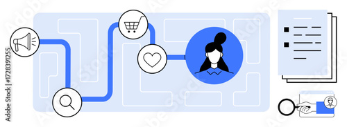 Marketing, shopping, and feedback icons connected on a user journey path with a female user profile. Ideal for user experience, marketing strategy, online shopping, business planning, consumer