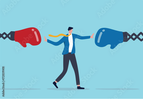 Conflict management, leadership skill to compromise and solving argument problem, negotiation or stop fighting concept, businessman leader stand in the middle to stop conflicted boxing globe fighting.