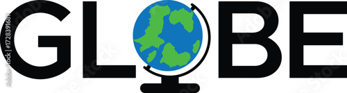  Bold World GLOBE Wordmark Logo Design featuring a Detailed Blue and Green Desk Globe as the Letter 'O'