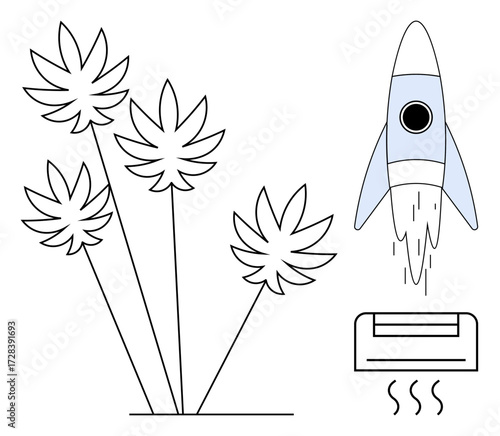 Rocket taking off near abstract palm trees and air conditioner emitting airflow. Ideal for progress, innovation, efficiency, travel, environment, technology, futuristic concepts, simple flat metaphor