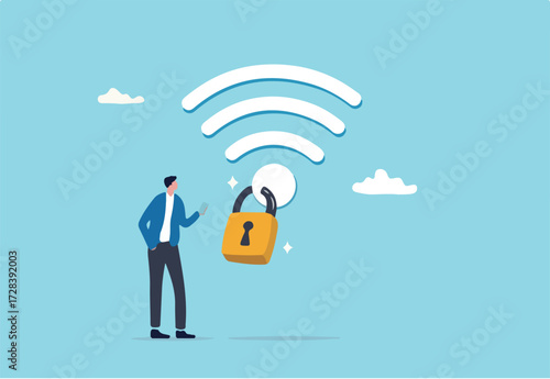 Wifi encryption, wireless security or safety for internet connection, network protection or mobile access, password encryption concept, man mobile user connect to wifi network with padlock encryption.