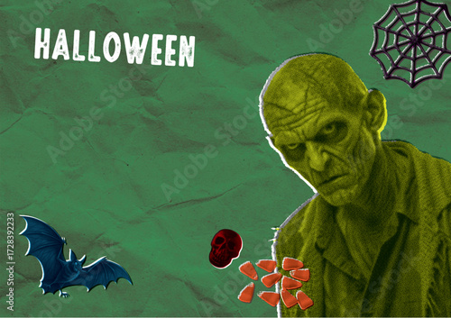 Vintage halloween visual. flyer. halftone. photo and graphic design. pumpkin. october