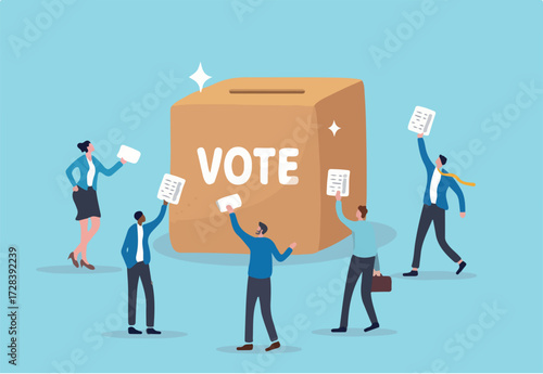 Voting, poll or employee feedback questionnaire, politic choice, opinion or democracy, election or customer survey, referendum concept, diverse people hold voting paper checkmark putting in vote box.