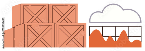 Stacked wooden crates with data analytics graph under a cloud represent efficient inventory control, logistics, and digital storage solutions. Ideal for supply chain, e-commerce, big data, cloud