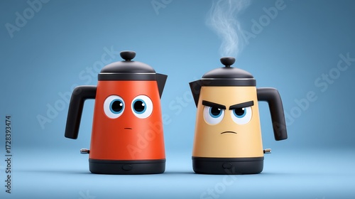 Friendly red coffee pot and a stern yellow kettle share a light moment against a blue backdrop, inviting warmth and joy in your morning routine