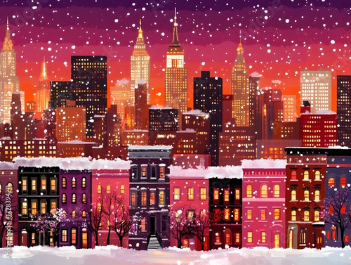 Snowy Night in Cityscape Winter Illustration