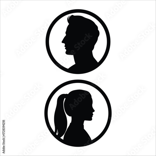 Male and female user profile avatar silhouettes in circles