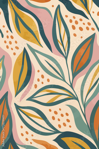 Contemporary seamless botanical pattern with abstract leaves and organic shapes in a textured painterly style. Bohemian palette of mustard, teal, and terracotta. Ideal for modern textiles and artistic