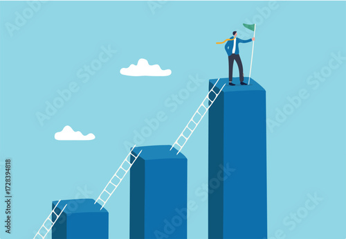 Step to grow business, ladder of success, progress, improvement or development to achieve goal, growth journey, career path concept, businessman climb up ladder step by step on graph to achieve goal.