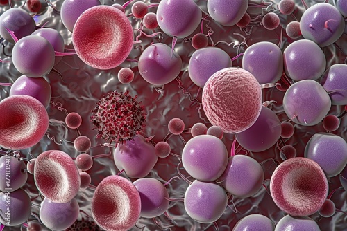 Microscopic view of human erythrocytes and leukocytes in blood sample