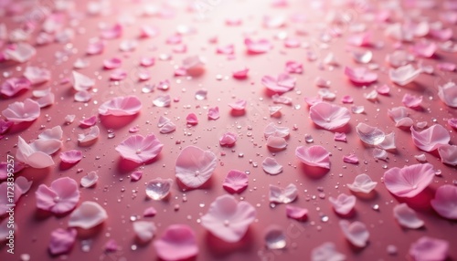 Elegant pink petals with sparkling water drops on a soft pink background, macro photographic study of nature's beauty