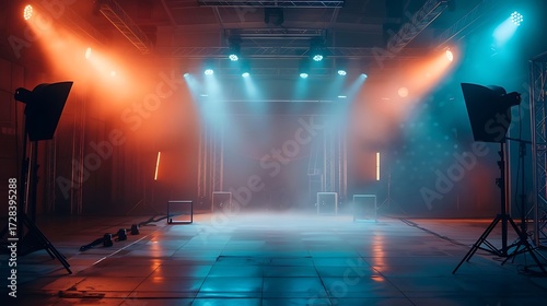 Illuminated stage with orange and blue lights and fog creating a dynamic and atmospheric scene on transparent background silhouette