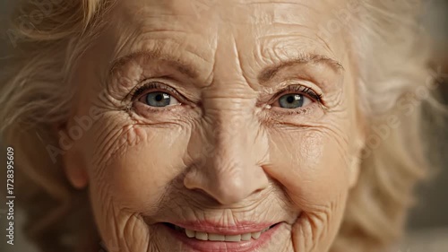 Joyful elderly woman with closed eyes and a radiant smile, conveying peace and contentment in a soft light.