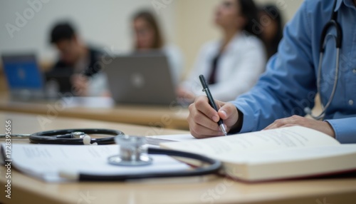 Medical Student Taking Notes During Lecture in Classroom Setting