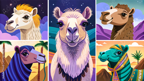 Camel, dromedary, and bactrian camel vector set collection in desert dunes, showing desert wildlife diversity, adaptation, and survival in harsh natural environment