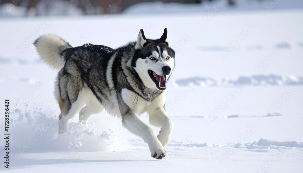 Naklejka premium Energetic Siberian Husky Unleashed Capturing the Joy of Running in a Snowy Landscape