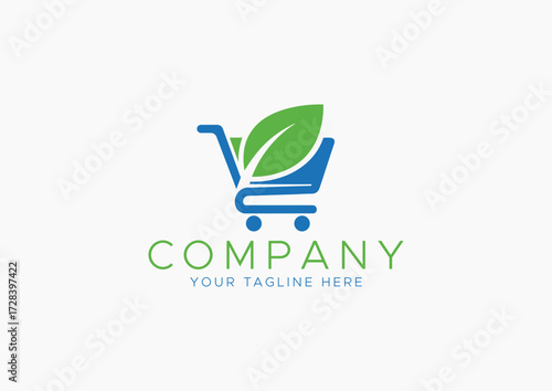 Eco-Friendly and Organic Shopping Logo Vector: Blue Shopping Cart with a Large Green Leaf Symbol