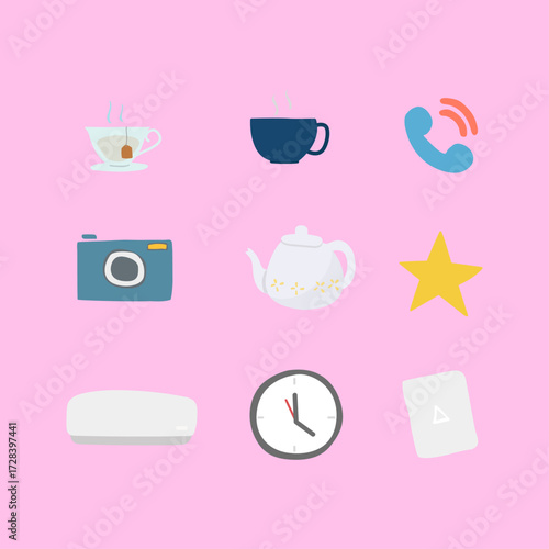 A charming collection of flat design icons representing daily life and hobbies on a pink background