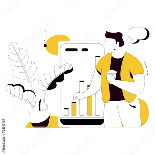 Design man with coffee analyzing graph on mobile phone near plant illustration business analytics concept verctor art illustration png