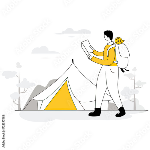 Design camping hiking adventure travel outdoor nature backpacker tent map mountains trees clouds landscape wanderlust verctor art illustration png