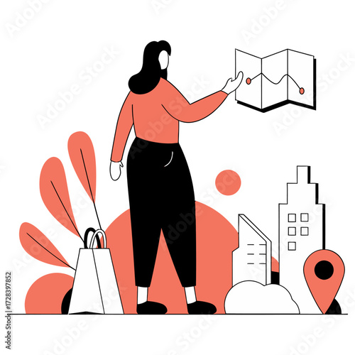Design illustration of travel map location shopping bag city buildings urban exploration adventure tourism design verctor art illustration png