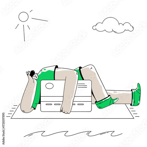 Design illustration of a person lying down green outfit relaxation pose resting posture flat design character art verctor art illustration png