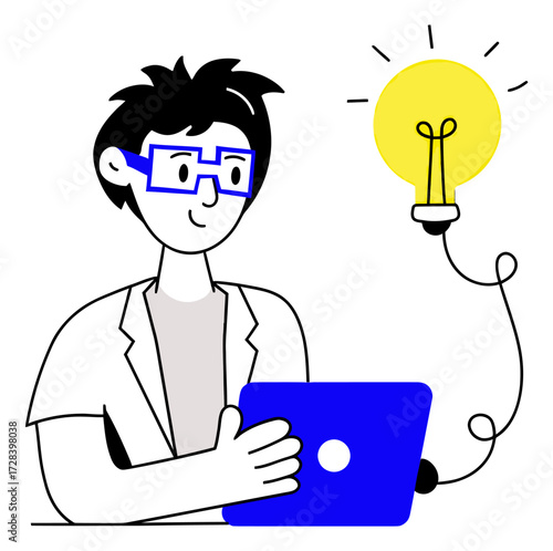 Design idea lightbulb laptop glasses person creative thinking innovation solution concept technology design person verctor art illustration png