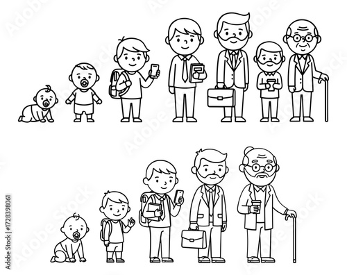 Vector art of progression of life stages, from baby to toddler to schoolboy to businessman to old man