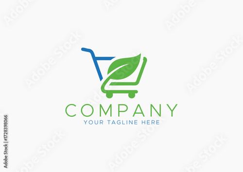Organic and Eco-Friendly Shopping Cart Logo Icon with Green Leaf Symbol in Minimalist Design