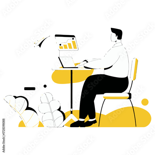 Design illustration of business man working on laptop with chart and paper plane for business and finance concept verctor art illustration png