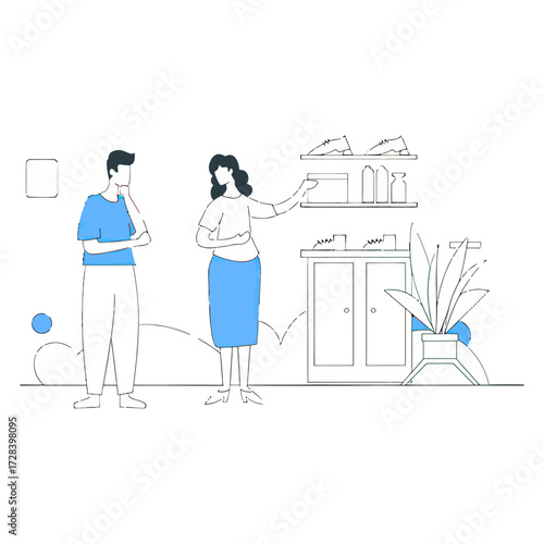 Design illustration of home interior design with furniture cabinet shelf plant and people discussing design verctor art illustration png