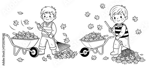 Vector art of cartoon boy raking leaves into a wheelbarrow autumn season activity