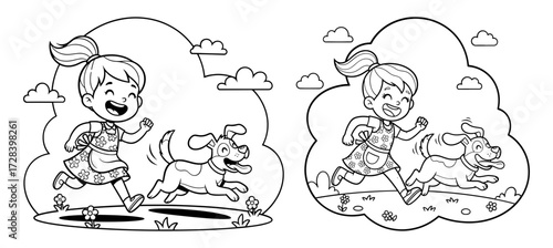 Vector art of a cheerful girl running with her dog, perfect for childrens books and activity pages