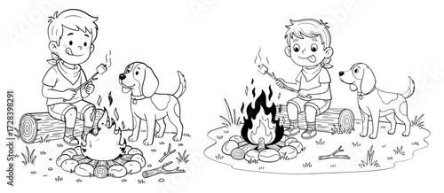 Illustration of a boy roasting marshmallow with his dog near a campfire