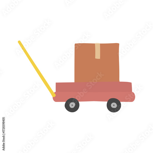 Illustration of a small flatbed cart carrying a large cardboard box, ready for transport