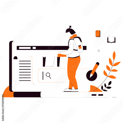 Design woman searching online education resources learning platform digital library study materials research tool verctor art illustration png