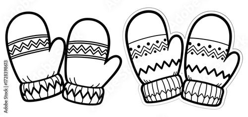 Vector art of two pairs of mittens with different patterns, perfect for coloring books and winter crafts