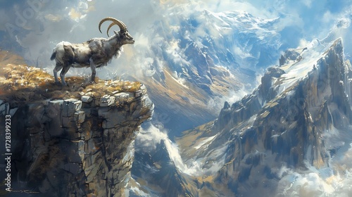 An illustration of a mountain goat standing on a cliff overlooking a vast mountainous landscape view on transparent background silhouette