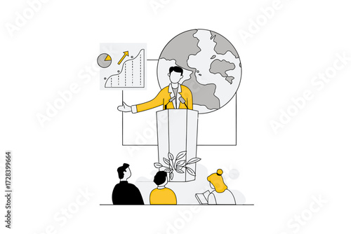 Design presentation speaker global business growth chart audience podium conference seminar worldwide talk event verctor art illustration png