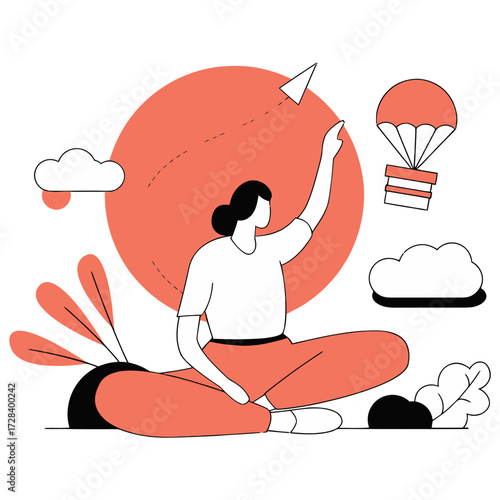 Design illustration of woman in lotus position with paper airplane cloud and parachute on black background verctor art illustration png