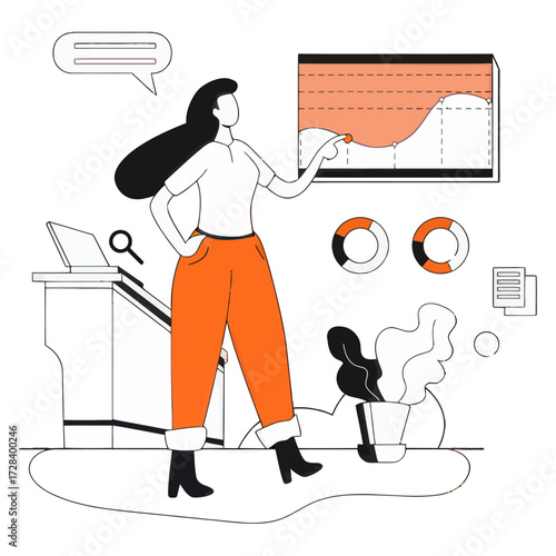 Design woman presenting data analysis business chart graph marketing strategy financial report office workplace teamwork verctor art illustration png