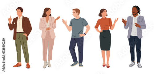 Vector flat illustrations set of diverse casual business people gesturing with hands, pointing to side and up, modern smart casual style, isolated on transparent background for office design projects