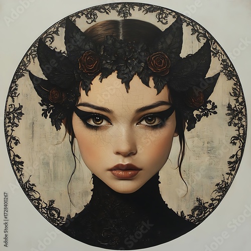 Portrait of a woman with a black floral crown and dramatic eyeliner in a circular frame design on transparent background silhouette