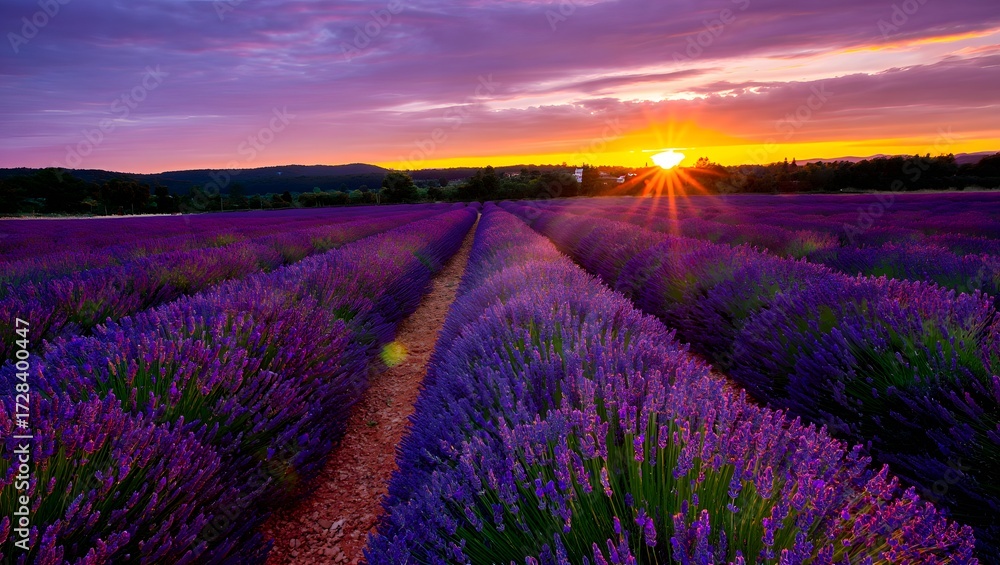 Fototapeta premium Lavender field at sunset is a beautiful and peaceful scene to see in the evening
