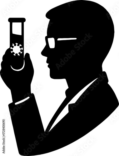 Scientist Holding Test Tube with Virus Icon - Research Silhouette vector with white background 