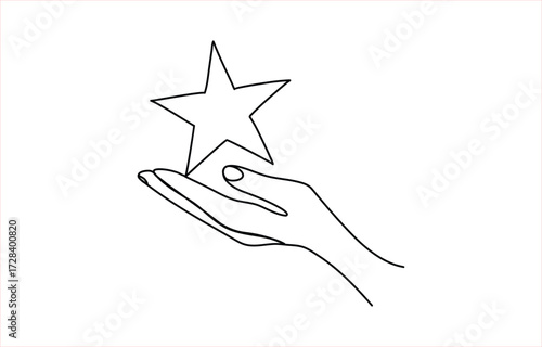 Abstract single line art hands holding stars illustration Hand holds star continuous line art drawing. Human arms palms. 